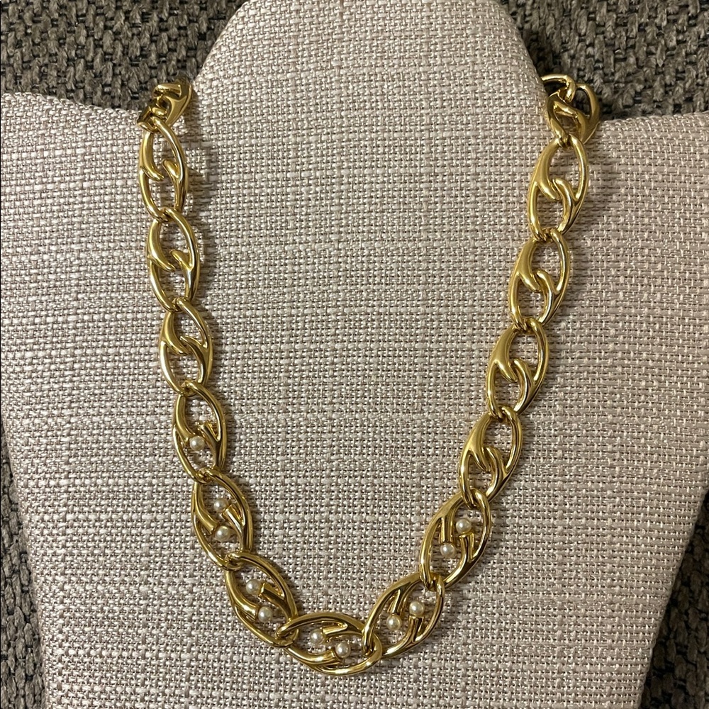 Vintage Napier Gold Tone Pearl Link
Chain Collar Choker Necklace
